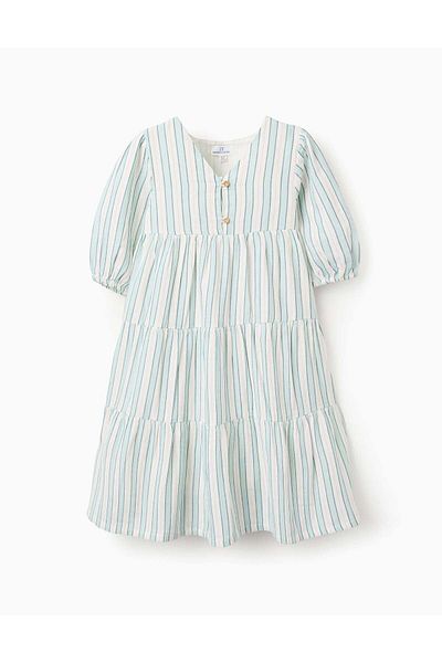 Ziddy Striped Cotton Dress for Girls 'B&S', Green/White/Orange