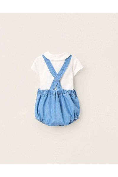 Ziddy Bodysuit + Denim Jumpsuit for Newborn Boys, White/Blue