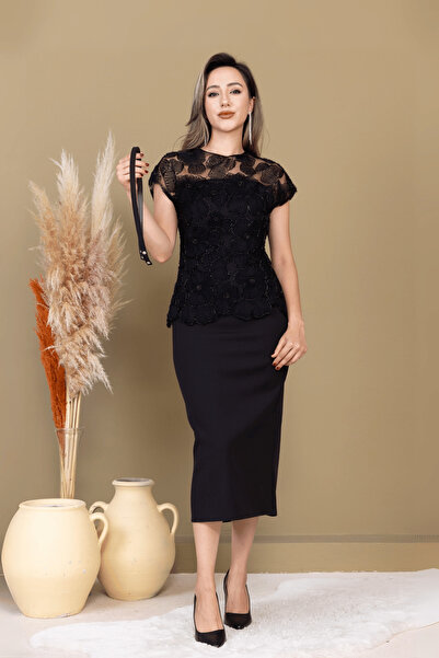 BEYBOS Atlas Kumaş Boncuk Detaylı Kalem Elbise - SİYAH