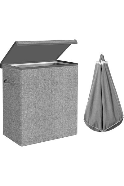 SONGMICS Textile laundry basket, foldable, 2 compartments, removable bags, 142L, 60x36x66cm, gray