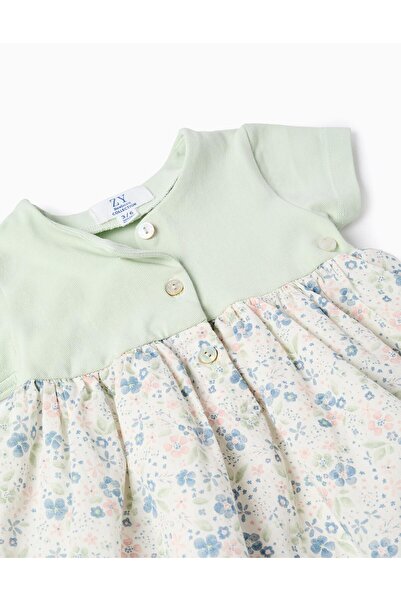 Ziddy Dress + Bloomers with Flower Motif for Newborn Girls, Light Green