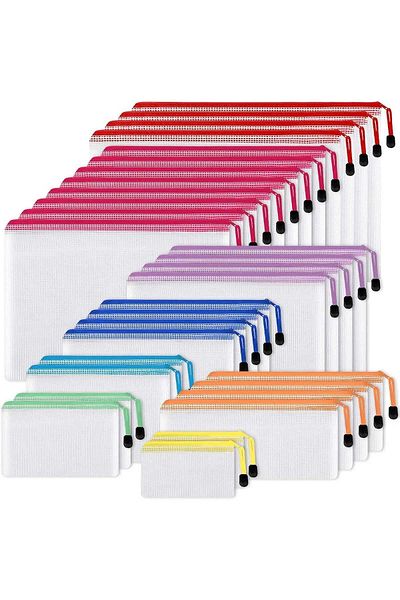 Timebox Set of 30 zippered organizer bags, 8 sizes and 8 colors, Waterproof and durable, For office, school