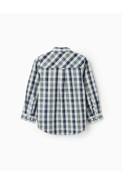 Ziddy Cotton Shirt with Check for Boys, Green/Dark Blue