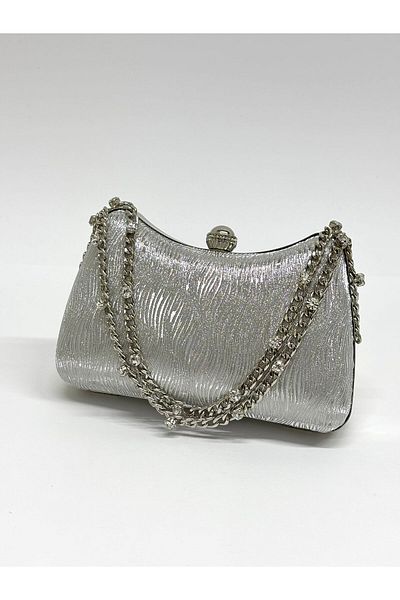 NAZART Women's Wavy Glitter Silver Evening Dress Clutch Chain Strap Hand Wedding Engagement Evening Bag