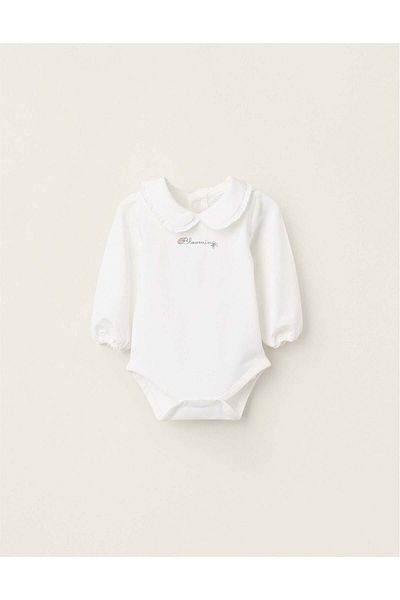 Ziddy Bodysuit with Peter Pan Collar and Ruffles for Newborn Girls 'Blooming', White