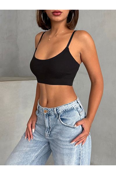 Look Forward Women's Black Camisole Crop Tank Top with Adjustment Ring Elastic
