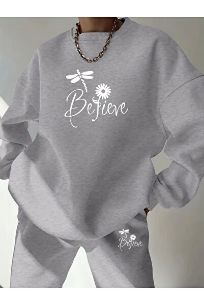 FUFLUNS BELİEVE طقم رياضي للجنسين مطبوع عليه زهرة ودبور