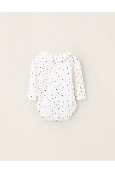 Ziddy Floral Bodysuit with Ruffles for Newborn Girls, White