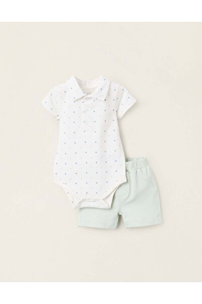 Ziddy Bodysuit with Motif + Piqué Shorts for Newborns, White/Green