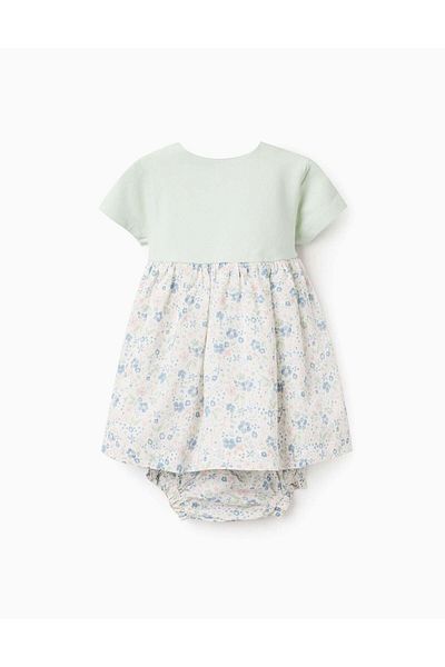 Ziddy Dress + Bloomers with Flower Motif for Newborn Girls, Light Green