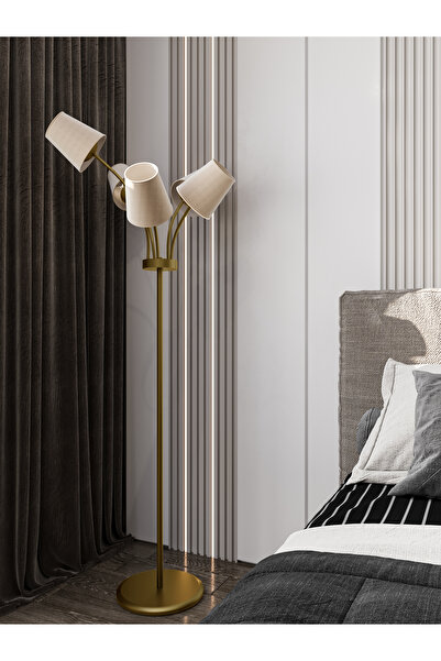 avizade FLORİNA Modern Eskitme Metal 5 Krem Kumaş Başlıklı Asimetrik Metal Lambader