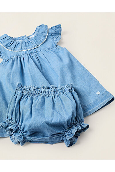Ziddy Dress + Bloomers in Denim with Ruffles for Newborn Girls, Blue