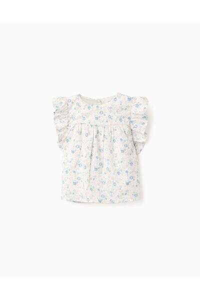 Ziddy Floral Cotton Blouse with Ruffles for Girls, White/Blue/Pink/Green