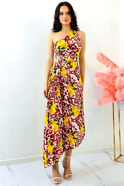 FashionForYou Rochie plisata asimetrica Elza Print, cu decupaj in zona taliei si imprimeu cu lămâi, Rosu