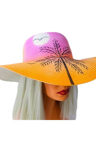 FashionForYou SeaSide Style sun hat, with summer print and wide brim, Pink/Orange
