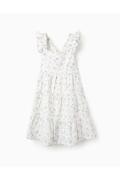 Ziddy Floral Cotton Dress with Ruffles for Girls, White
