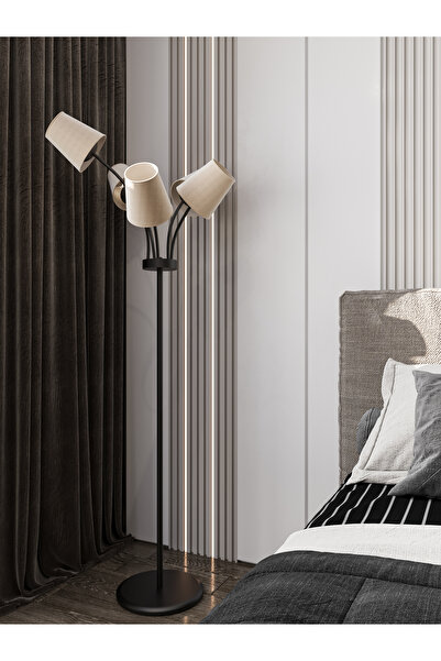 avizade FLORİNA Modern Siyah Metal 5 Krem Kumaş Başlıklı Asimetrik Metal Lambader