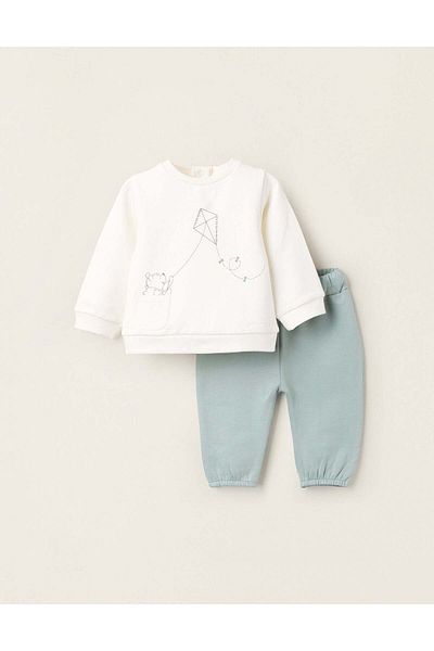 Ziddy Brushed Sweatshirt + Trousers for Newborns 'Winnie', White/Green