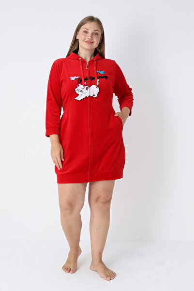 ROMEO LİFE Women's Plus Size Cotton Velvet Zipper Dress 3213