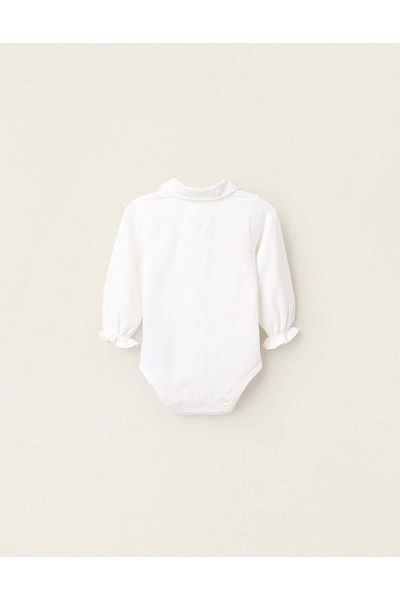 Ziddy Jersey Bodysuit-Shirt with Ruffles for Newborn Girls, White