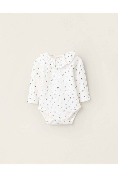 Ziddy Floral Bodysuit with Ruffles for Newborn Girls, White