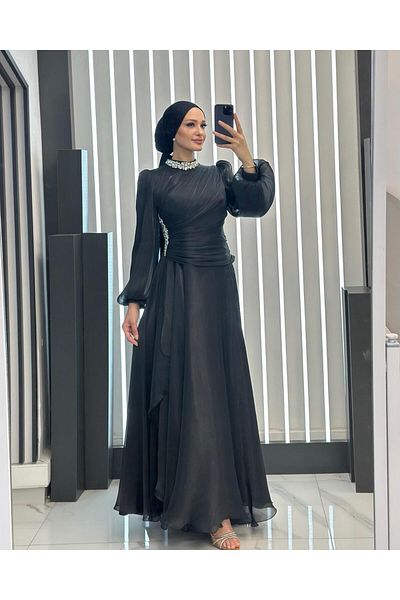 MERETTO By Akıl Judge Collar with Stones, Special Design Lined Jan Jan Fabric Long Evening Dress