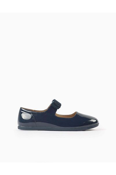 Ziddy Patent Leather Ballerina Flats with Velvet Bow for Girls, Dark Blue