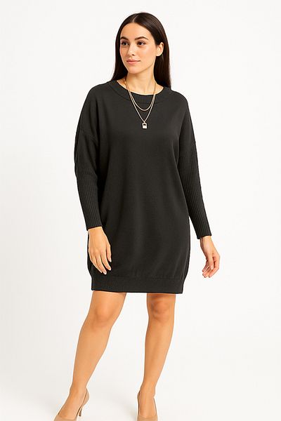 dorbe Women's Crew Neck Ribbed Cuff Hem Knit Tunic Batwing Baggy Style Mini Sweater Dress