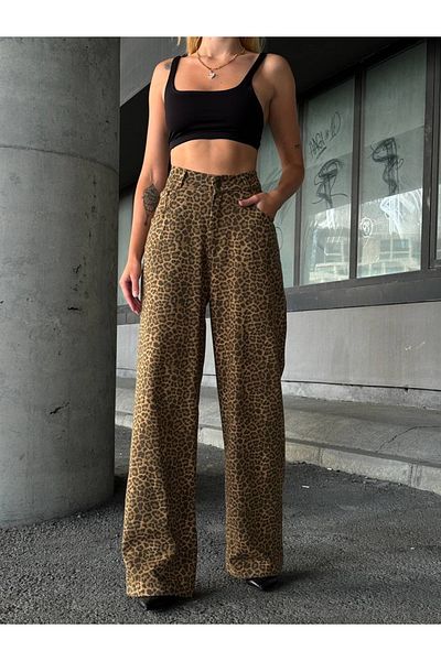 Linarose Women Leopard Print High Waist Wide Leg Gabardine Palazzo Pants