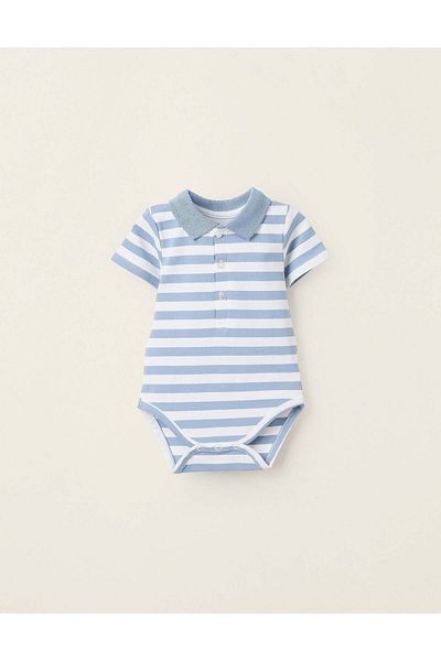 Ziddy Striped Polo Bodysuit with Ribbed Collar for Newborns, White/Blue