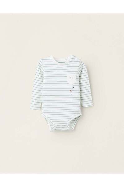 Ziddy Bodysuit with Striped Motif for Newborns 'Smiley', White/Green