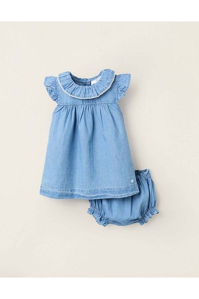 Ziddy Dress + Bloomers in Denim with Ruffles for Newborn Girls, Blue