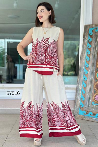 İnce Topuk Zero Sleeve Patterned Casual 2 Piece Set 5Y516