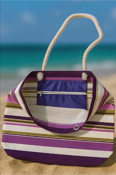 Çınar Bez Çanta Dark Purple Striped Beach Bag