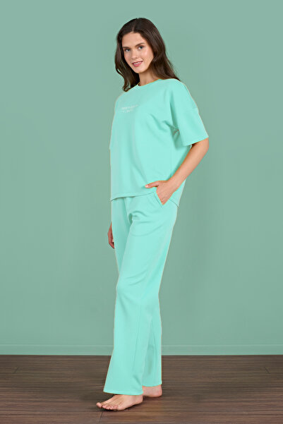 Miss Loren Women's Short Sleeve Embroidery Detailed Scuba Fabric Pajama Set