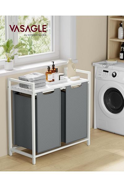 VASAGLE Cos de rufe, 2 compartimente, saci de rufe detasabili, 73x33x72 cm, alb si gri deschis
