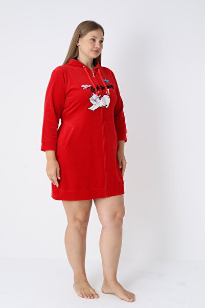 ROMEO LİFE Women's Plus Size Cotton Velvet Zipper Dress 3213