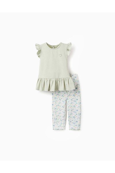 Ziddy Top + Floral Ribbed Leggings for Baby Girls, Green/White