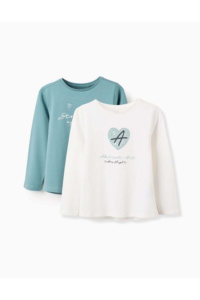 Ziddy Pack of 2 Long Sleeve T-shirts for Girls 'Abstract', White/Green