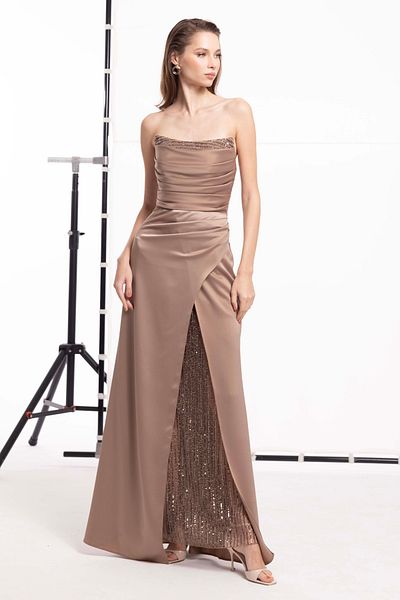 DORİDORCA Women's Strapless Draped Maxi Evening Dress 7085 Beige