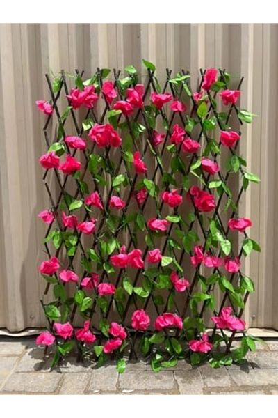 Generic Expandable Artificial Rose Trellis, Pink Flowers with Green Leaves, Garden Privacy Screen, Decorativ