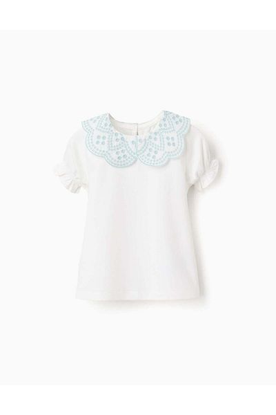 Ziddy T-shirt with Broderie Anglaise Collar for Baby Girls, White/Green