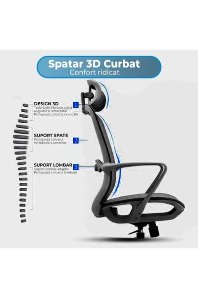 Timebox Scaun ergonomic, plasă, profil lombar flexibil, până la 135°, reglare tetieră, înălțime reglabilă