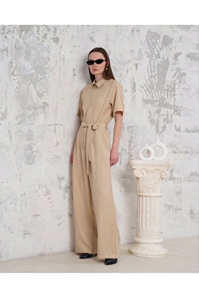 hibiscus Belted Shirt Collar Loose Overalls Beige S255822