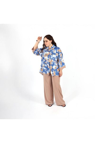 LINELLE Co-Ord Set with Abstract Printed Shirt & Wide-Leg Pants.