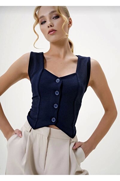 hibiscus Navy blue buttoned vest made of crepe fabric s3395
