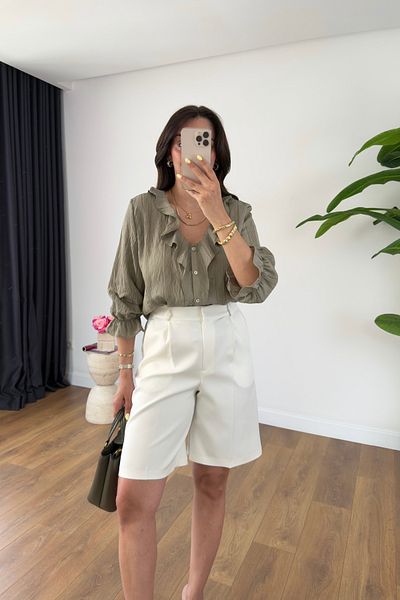 BİRCANÇİL Fubri Khaki V-Neck Ruffle Detailed Shirt