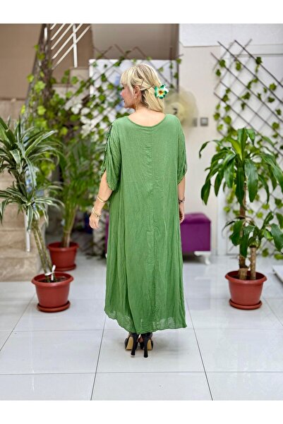 Punta Otantik Vl7010 Gathered Half Sleeve Voile Dress Green