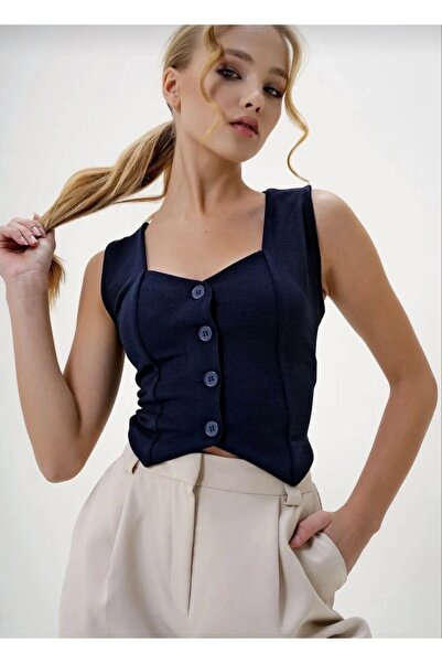 hibiscus Navy blue buttoned vest made of crepe fabric s3395