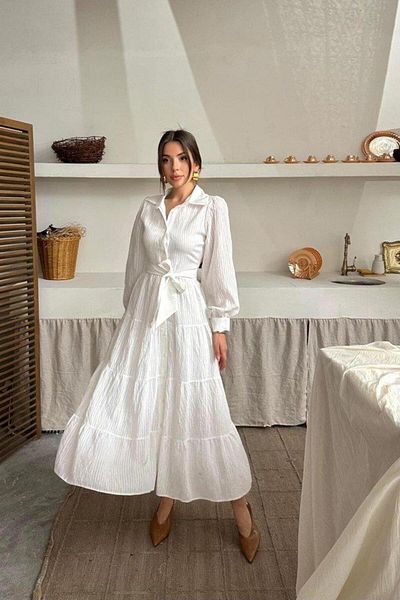 modamtn Ecru Stripe Patterned Long Dress
